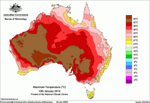 Observed maximum temperatures for Monday, 13th January, 2014. Image from BOM.