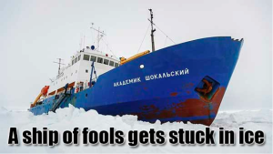 Akademik Shokalskiy stuck after weather conditions changed and sea ice closed down behind the vessel.